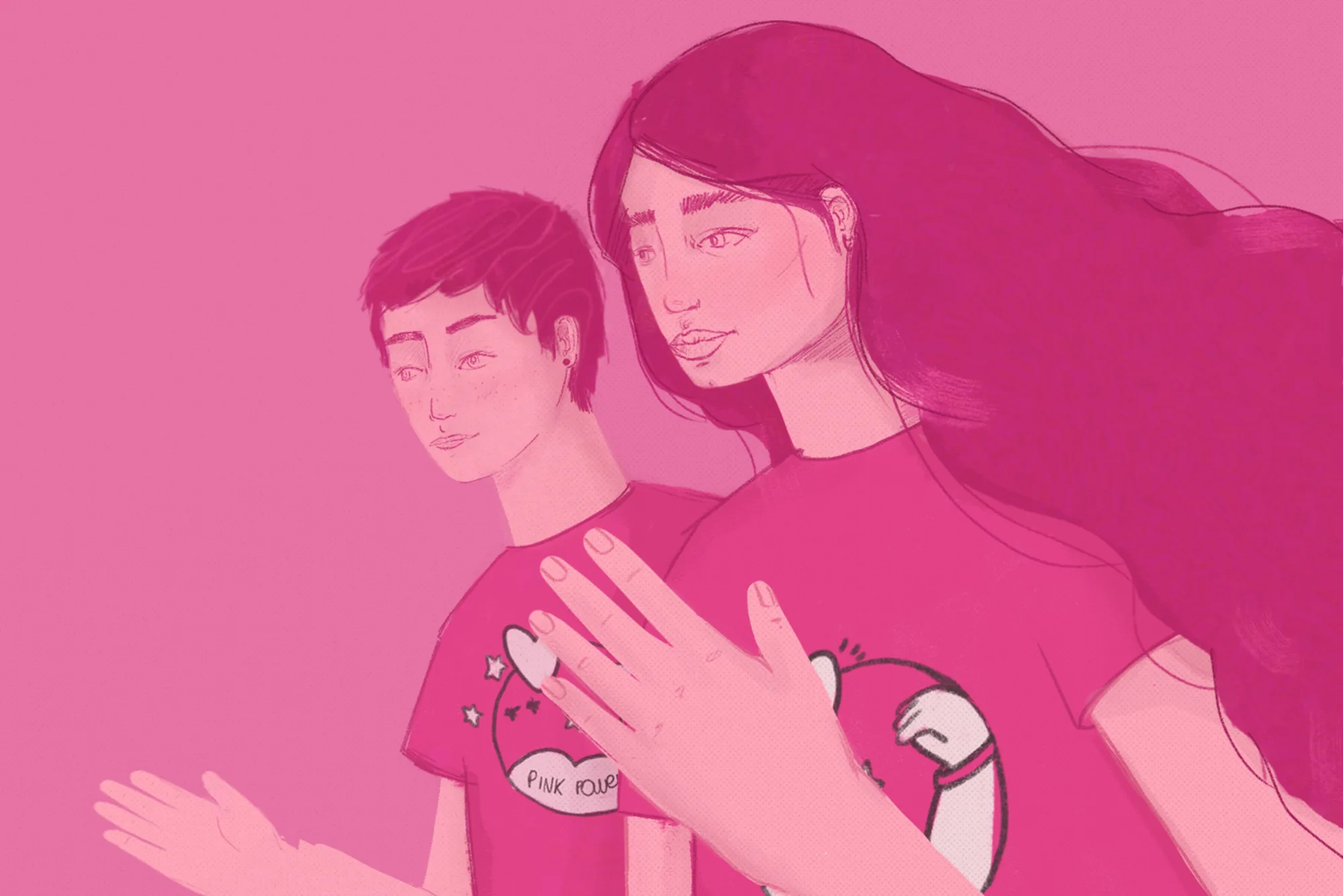 Watermelon illustration for the Pink Parade Run: two people in pink shirts, a hand on the heart