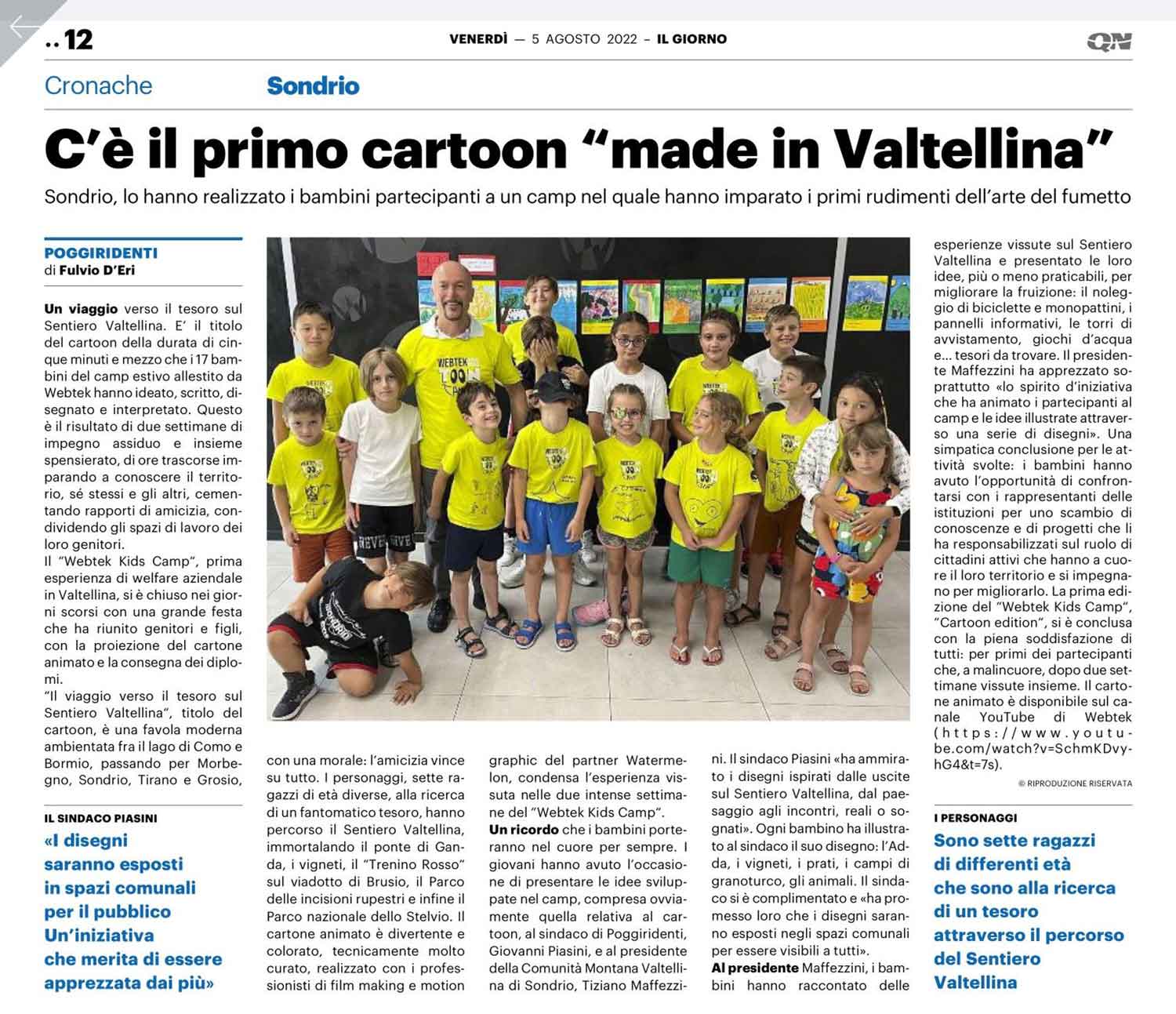 Il Giorno, 5 agosto 2022: il Webtek Kids Camp.